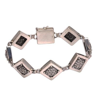 Sterling silver link bracelet, 'Weaving Ketupats' - 925 Sterling Silver Basket Weave Square Link Bracelet
