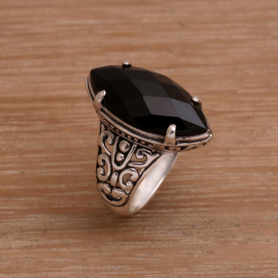 Onyx cocktail ring, 'Enchanting Midnight' - Onyx and Sterling Silver Cocktail Ring Handmade in Bali