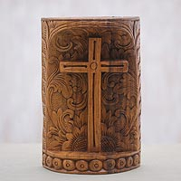 Suar Wood Hand Carved Cross with Floral Background,'Fern Cross'