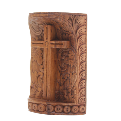 Wood sculpture, 'Fern Cross' - Suar Wood Hand Carved Cross with Floral Background
