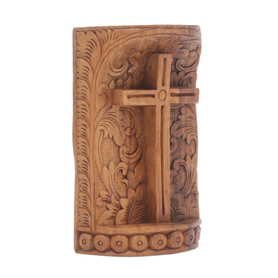 Wood sculpture, 'Fern Cross' - Suar Wood Hand Carved Cross with Floral Background