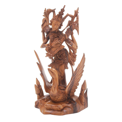 Sarasvati Hindu Goddess Hand Carved Suar Wood Sculpture