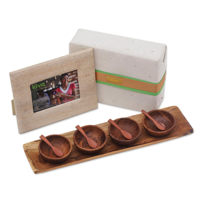 Teak wood condiment serving set, 'Kiva Perfect Party Gift Set' (10 pieces) - Bali handcrafted photo frame and condiment bowls gift set