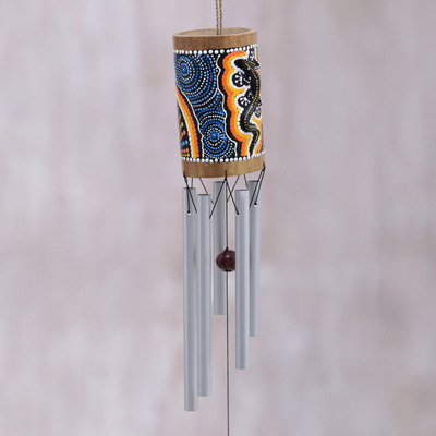Bamboo wind chimes, 'Papua Gecko' - Hand-Painted Gecko-Themed Bamboo Wind Chimes from Bali