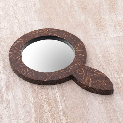Coconut shell hand mirror, 'Coco Reflection' - Coconut Shell and MDF Hand Mirror of Indonesia