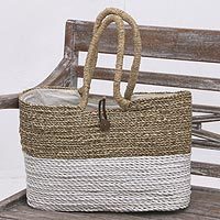 Natural fiber tote, 'From Beach to City' - Natural Fiber Hand Woven White and Beige Tote