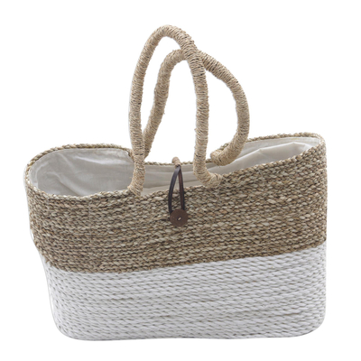 Natural fiber tote, 'From Beach to City' - Natural Fiber Hand Woven White and Beige Tote