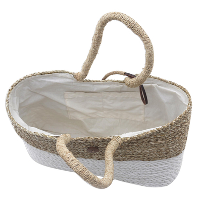 Natural fiber tote, 'From Beach to City' - Natural Fiber Hand Woven White and Beige Tote