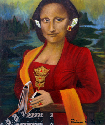 Signed Surrealist Mona Lisa Painting from Java