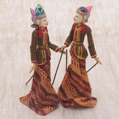 Batik cotton and wood decorative puppets, 'Cosmic Love' (pair) - Two Batik Cotton and Wood Decorative Puppets from Indonesia