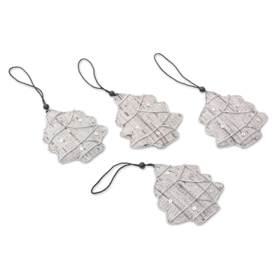 Recycled newspaper ornaments, 'New Life Trees' (set of 4) - Recycled Newspaper Tree-Shaped Holiday Ornaments (Set of 4)