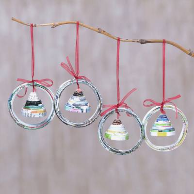 Recycled magazine ornaments, 'Noel Bells' (set of 4) - Recycled Magazine Bell-Shaped Holiday Ornaments (Set of 4)