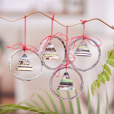 Recycled magazine ornaments, 'Noel Bells' (set of 4) - Recycled Magazine Bell-Shaped Holiday Ornaments (Set of 4)