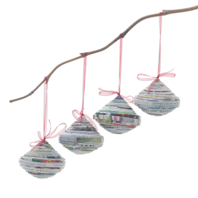 Set of Four Recycled Paper Magazine Christmas Ornaments