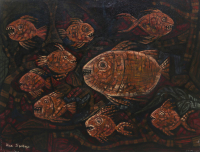 'Twilight Piranhas' - Signed Modern Piranha Painting from Indonesia