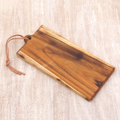 Teak wood cutting board, 'Evening Chop' - Handmade Javanese Teak Wood Cutting Board Leather Cord