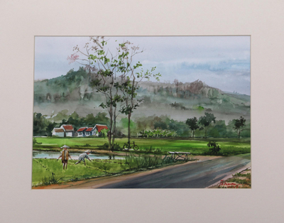 Impressionist Watercolor Landscape Painting from Indonesia