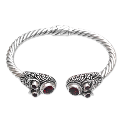 Garnet cuff bracelet, 'Crimson Daydream' - 925 Sterling Silver Rope Cuff Bracelet with Garnet Stones