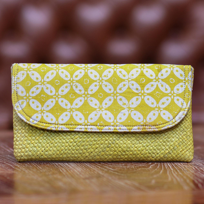 Natural fiber and cotton clutch, 'Truntum Dreams' - Hand Woven Lontar Leaf and Cotton Yellow Clutch Bag