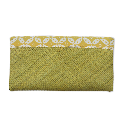 Natural fiber and cotton clutch, 'Truntum Dreams' - Hand Woven Lontar Leaf and Cotton Yellow Clutch Bag