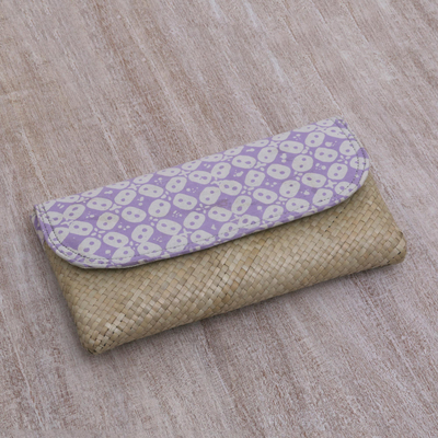 Lontar leaf and cotton batik clutch, 'Truntum Story' - Purple White Batik Truntum Lontar Leaf and Cotton Clutch