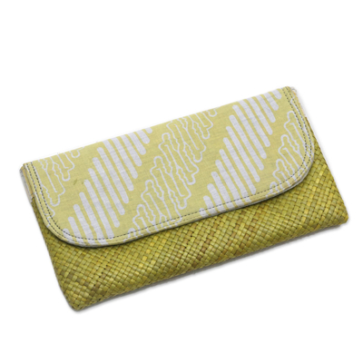 Lontar leaf and cotton batik clutch, 'Royal Parang' - Yellow White Batik Parang Lontar Leaf and Cotton Clutch