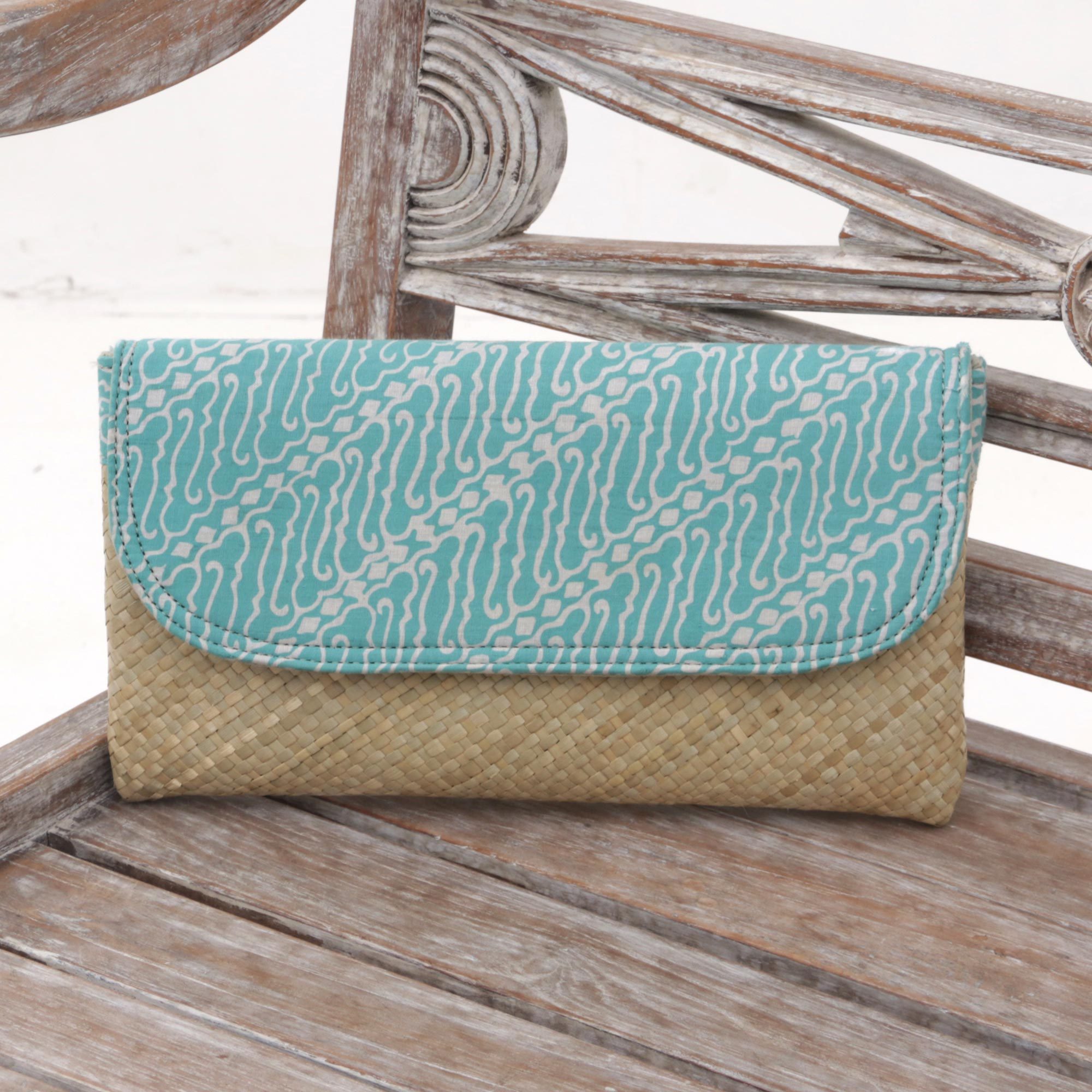Hand Woven Lontar Leaf And Cotton Turquoise Clutch Bag Parang Dreams