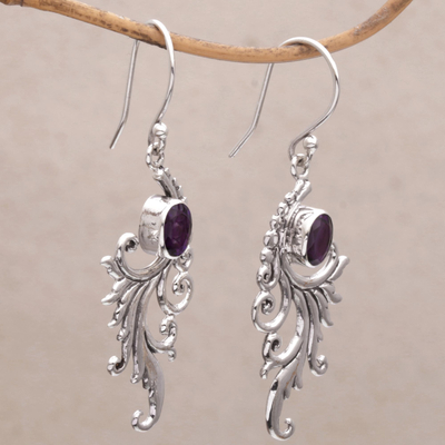 Amethyst dangle earrings, 'By the Wind' - Amethyst and Sterling Silver Dangle Earrings from Bali