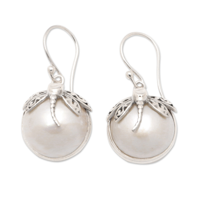Cultured pearl dangle earrings, 'Moonlit Dragonfly' - Cultured Mabe Pearl and Sterling Silver Dangle Earrings