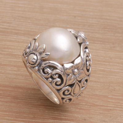 Cultured pearl cocktail ring, 'Lotus Moonlight' - Cultured Mabe Pearl and Sterling Silver Lotus Cocktail Ring