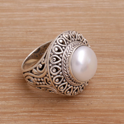 Cultured pearl cocktail ring, 'Temple of Hope' - Cultured Mabe Pearl and Sterling Silver Cocktail Ring