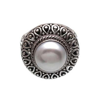 Cultured pearl cocktail ring, 'Temple of Hope' - Cultured Mabe Pearl and Sterling Silver Cocktail Ring