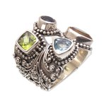 Multi-gemstone cocktail ring, 'Temple Quarter' - Multi-Gemstone and Sterling Silver Cocktail Ring from Bali