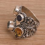 Multi-gemstone cocktail ring, 'Temple Quarter' - Multi-Gemstone and Sterling Silver Cocktail Ring from Bali