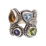 Multi-gemstone cocktail ring, 'Temple Quarter' - Multi-Gemstone and Sterling Silver Cocktail Ring from Bali