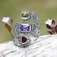 Multi-gemstone wrap ring, 'Sparkling Trinity' - Multi-Gemstone and Sterling Silver Wrap Ring from Bali