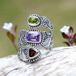 Multi-gemstone wrap ring, 'Sparkling Trinity' - Multi-Gemstone and Sterling Silver Wrap Ring from Bali