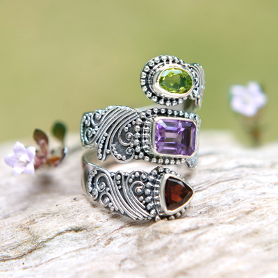 Multi-gemstone wrap ring, 'Sparkling Trinity' - Multi-Gemstone and Sterling Silver Wrap Ring from Bali