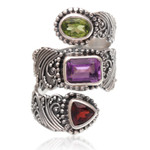 Multi-gemstone wrap ring, 'Sparkling Trinity' - Multi-Gemstone and Sterling Silver Wrap Ring from Bali