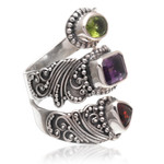 Multi-gemstone wrap ring, 'Sparkling Trinity' - Multi-Gemstone and Sterling Silver Wrap Ring from Bali