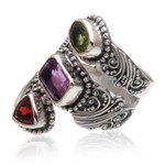 Multi-gemstone wrap ring, 'Sparkling Trinity' - Multi-Gemstone and Sterling Silver Wrap Ring from Bali