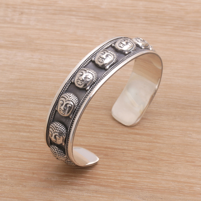Sterling silver cuff bracelet, 'Buddha's Blessing' - Sterling Silver Buddha's Head Cuff Bracelet from Bali