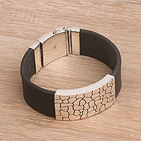 Men's leather and sterling silver wristband bracelet, 'Cobblestone Way' - Men's Modern Leather and Sterling Silver Wristband Bracelet