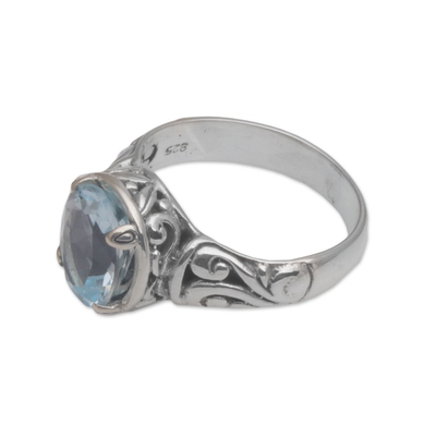 Blue topaz cocktail ring, 'Floral Prayers' - 925 Sterling Silver Faceted Blue Topaz Cocktail Ring