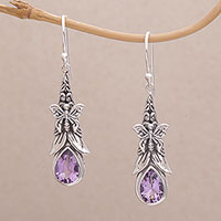 Amethyst dangle earrings, 'Eden Butterflies' - 925 Sterling Silver Butterfly Amethyst Dangle Earrings