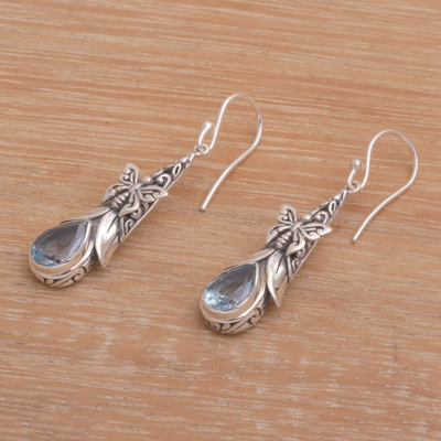 Blue topaz dangle earrings, 'Eden Butterflies' - 925 Sterling Silver Butterfly Blue Topaz Dangle Earrings