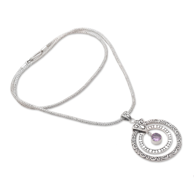 Amethyst pendant necklace, 'Happy Sensation' - 925 Sterling Silver Amethyst Round Pendant Necklace