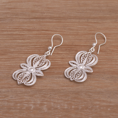 Sterling silver filigree dangle earrings, 'Heavenly Blossom' - Javanese Filigree Sterling Silver Flower Dangle Earrings