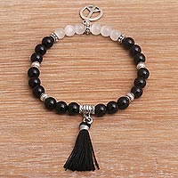 Onyx and cat's eye beaded stretch bracelet, 'Peaceful Balance' - Onyx and Cat's Eye Beaded Stretch Peace Charm Bracelet