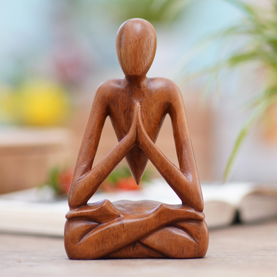 Holzskulptur - Lotus-Meditations-Yoga-Skulptur aus Holz, handgeschnitzt in Bali